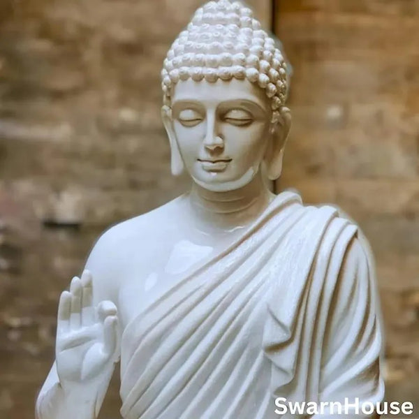 Swarn House Decor’s Full Glossy White Buddha Statue Fibre Statue for Living Room | Bedroom | Garden | Table Desk Decor Meditating Idol (2 FEET) (Full Glossy Finish) Special Edition (High Glossy Mable statue Look)