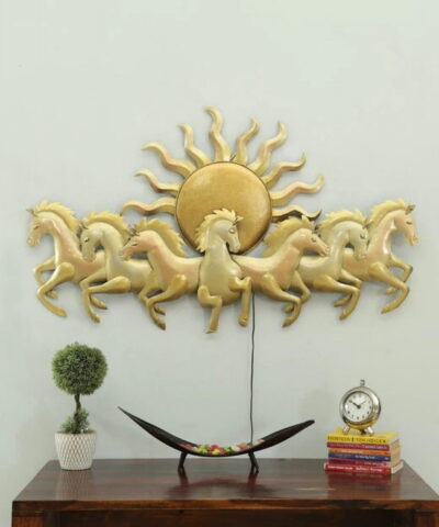 Iron 7 Sun Running Horse Wall Art With LED In Yellow