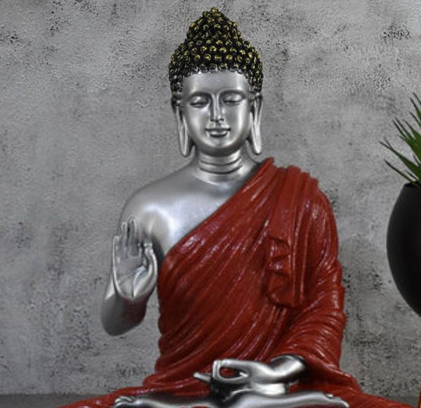 SWARNHOUSE DECORS® LIMITED EDITION LARGE BLESSING BUDDHA STATUE (SILKY SILVER )