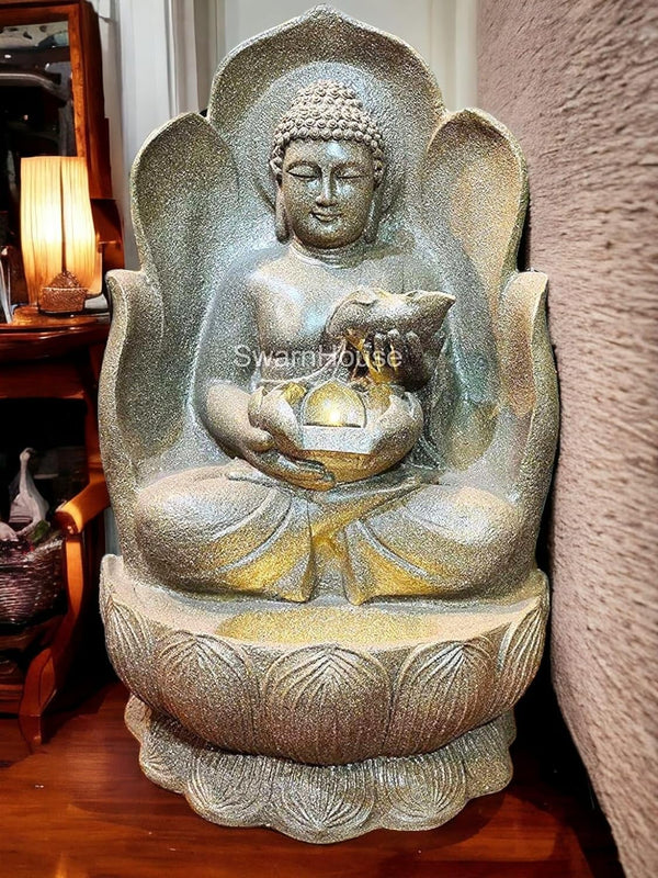 SwarnHouse Decors® Buddha Lotus Double Bowl Buddha Water Fountain 3.5 FT – Limited Edition