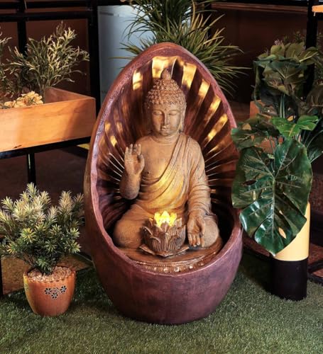 Swarnhouse Oval Buddha Water Fountain with LED Light, 3 Feet Tall, Indoor Decorative Zen Garden (Buddha 1)