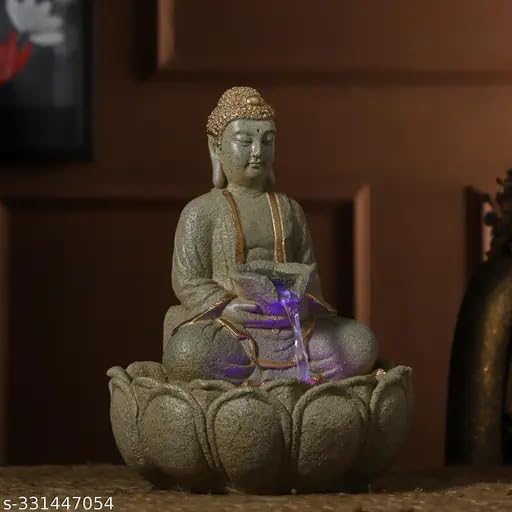 Swarnhouse LED Buddha Tabletop Water Fountain, 14 Inch, White Lotus Design, Indoor Decor (Design 1)