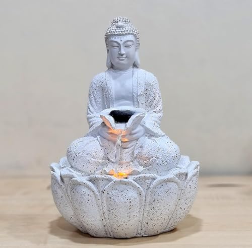 Swarnhouse LED Buddha Tabletop Water Fountain, 14 Inch, White Lotus Design, Indoor Decor (Design 5)