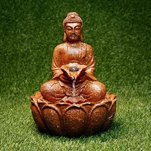 Swarnhouse LED Buddha Tabletop Water Fountain, 14 Inch, White Lotus Design, Indoor Decor (Design 4)