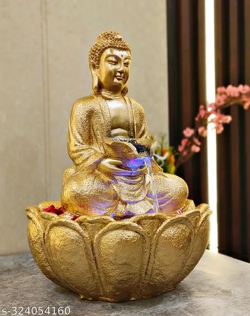 Swarnhouse LED Buddha Tabletop Water Fountain, 14 Inch, White Lotus Design, Indoor Decor (Design 3)