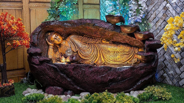 Swarnhouse Buddha Sleeping Indoor LED Water Fountain, Stone-Look Fibre, Decorative Home Accent with Floral Base Article 2