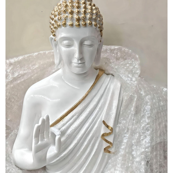 Swarnhouse Beautiful Sitting Buddha Idol Statue for Home & Garden 2 FT – Premium White & Golden Patti Full Gloss