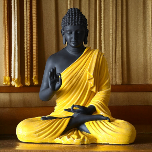Buddha Sculpture 2 Feet High Glossy Black Yellow