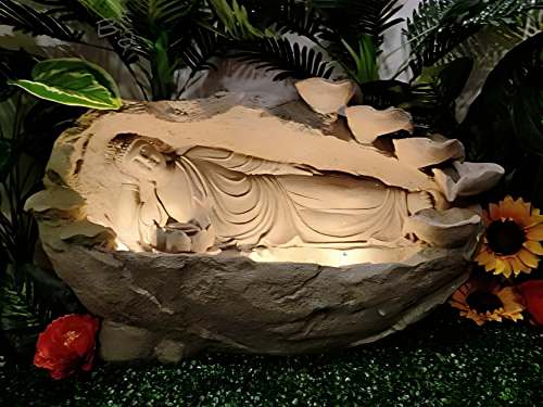 Swarnhouse Buddha Sleeping Indoor LED Water Fountain, Stone-Look Fibre, Decorative Home Accent with Floral Base Article 3