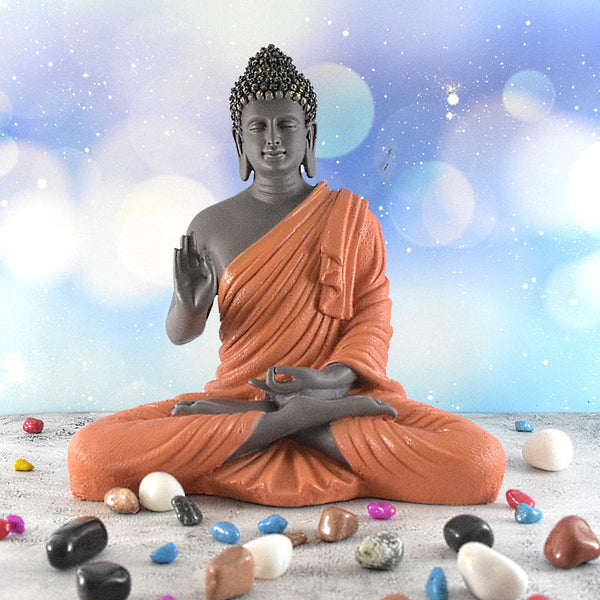 SWARNHOUSE DECORS® LARGE BLESSING BUDDHA STATUE ( ORANGE COLOR )