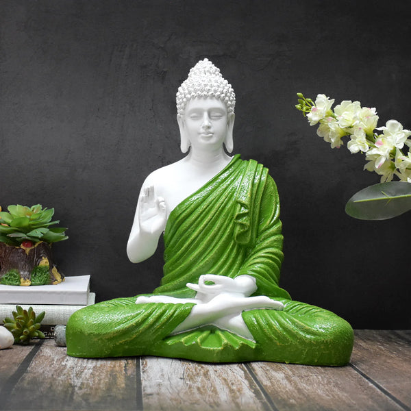 SWARNHOUSE DECORS® THE HEALING SPIRIT BLESSING BUDDHA STATUE (1.25 FEET, GREEN )