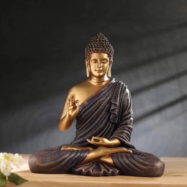 SWARNHOUSE DECORS® THE HEALING SPIRIT BLESSING BUDDHA STATUE ( 1.25 FEET, DARK BROWN-GOLDEN )