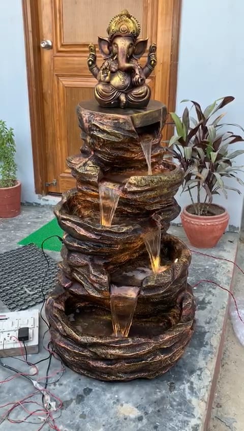 Swarnhouse 4 Feet Spiral Ganesha/Buddha Water Fountain, Decorative Garden Fountain with LED Lights Design 3